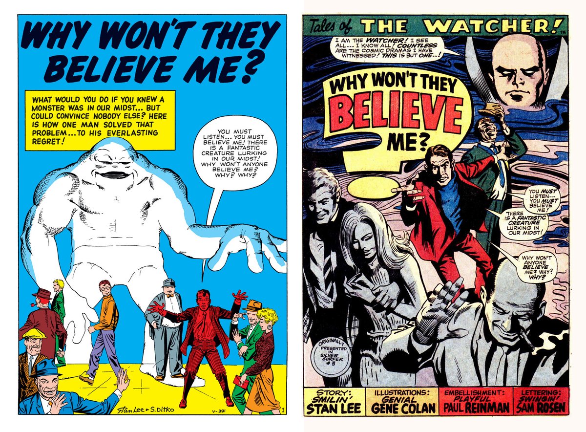 Here's an interesting comparison: Steve Ditko and Gene Colan drawing the same Stan Lee story, first published in Amazing Adult Fantasy #7 (1961) and Silver Silver Surfer #3 (1968) 1/6
#comics #SteveDitko #GeneColan