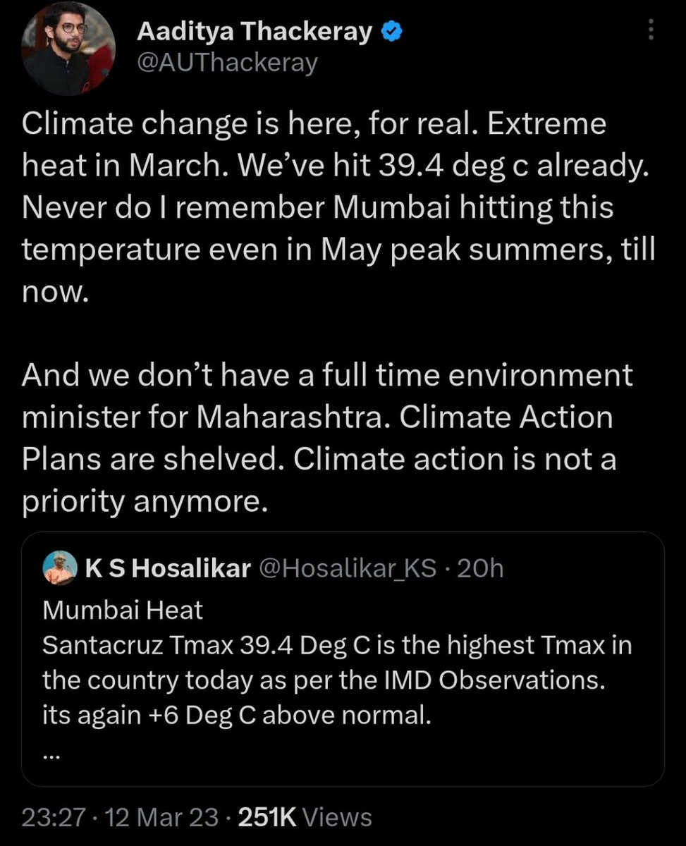 Just shows how much little knowledge Aditya Thackeray has about environment and #MumbaiWeather . In last 10 years ,for  8 years temperatures have shot beyond 40C in Mumbai. Even highest march temp recorded was close to 42C. But Aditya Thackeray does not know  40C in march is not…