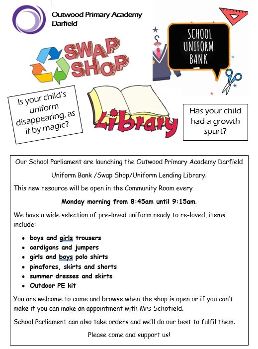 OPA_Darfield's tweet photo. Our Uniform Library, launched by School Parliament will be available on Mondays, 8.45-9.15am. #Sustainability #TeamOPAD #Community https://t.co/PCIIyKnRsW