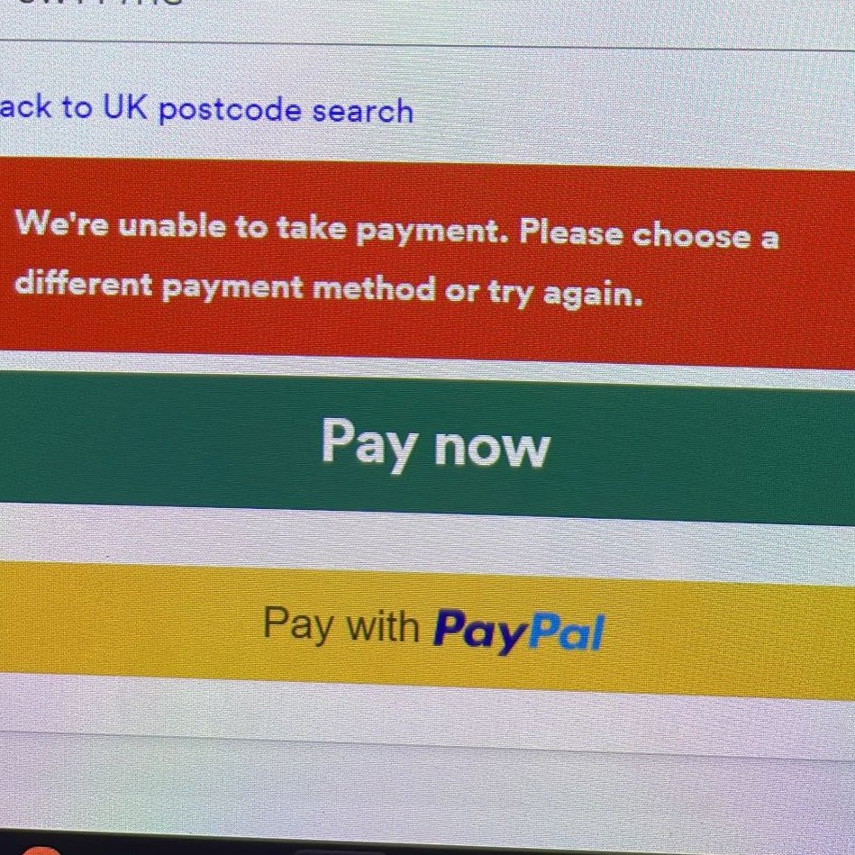 halll012's tweet photo. @thetrainline I'm trying to book a return journey for this weekend and everytime I try to pay this message appears. I've tried paypal, 2 different cards and apple pay?!?! HELP PLEASE https://t.co/5QEg8KnbQt