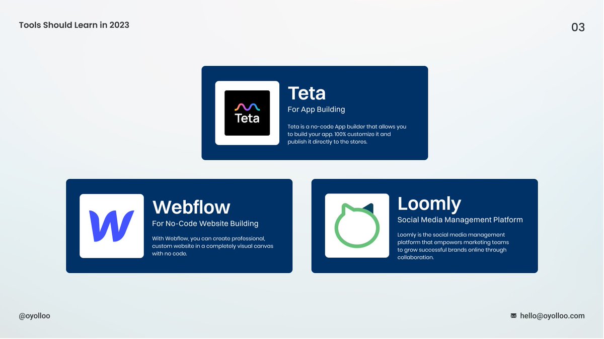 oyolloo's tweet image. 🚀 Ready to upgrade your skills in 2023? 💻 Add these 7 must-learn tools to your toolkit:

🎬 After Effects🎨 Spline🎉 Figma
🎛 ProtoPie📈 Teta🌐 Webflow📱 Loomly

Stay ahead of the curve and improve your skills with these tools! 🔥

 #skillupgrade #mustlearn #2023tools