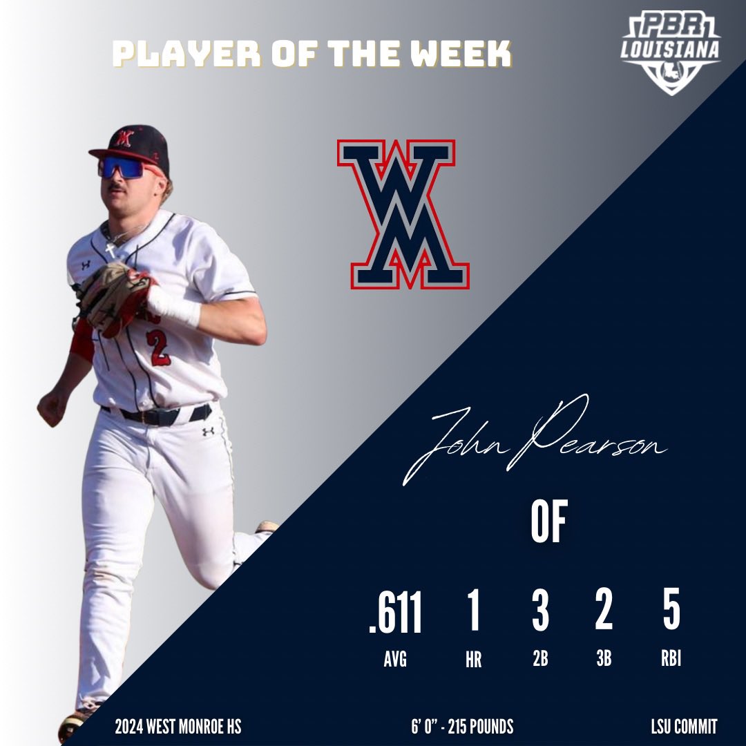 PrepBaseballLA's tweet photo. ⭐️ Player of the Week (Week 3) ⭐️

2024 John Pearson (West Monroe HS)

@LSUbaseball recruit

Finished last week 11-18 (.611) with a HR, 3 2B, 2 3B, 11 R, and 5 RBI.  #BeSeen

@prepbaseball | @ShooterHunt 

🔗 https://t.co/Wm5A9H3Xe0 https://t.co/aEDIXPS7qq