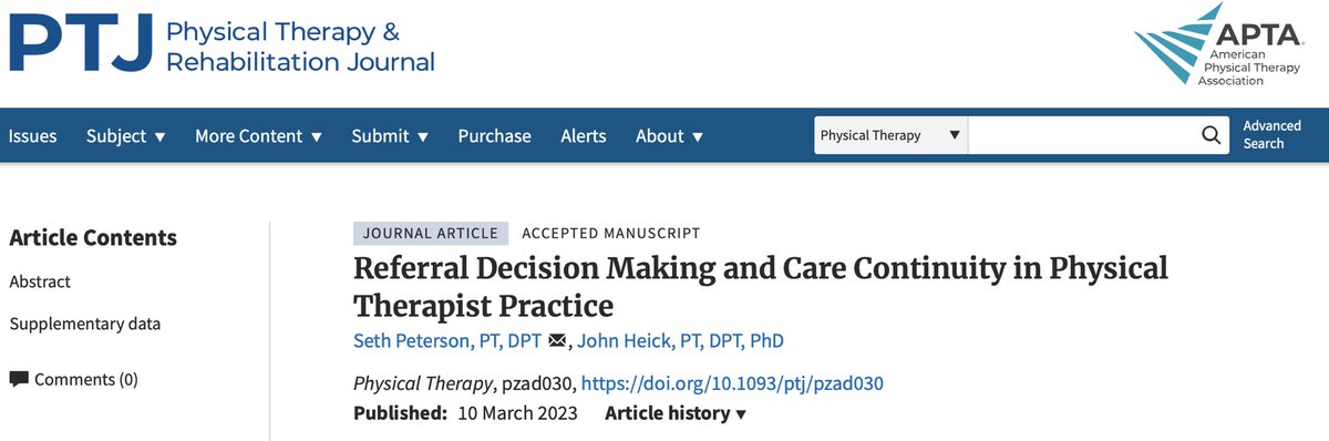 Referral Decision Making and Care Continuity in Physical Therapist Practice

<a href="/PTJournal/">PTJ: Journal of APTA</a> @APTAtweets <a href="/jheick1/">john heick</a> 

2 concepts rarely discussed in PT. Let’s change that 👇🧵