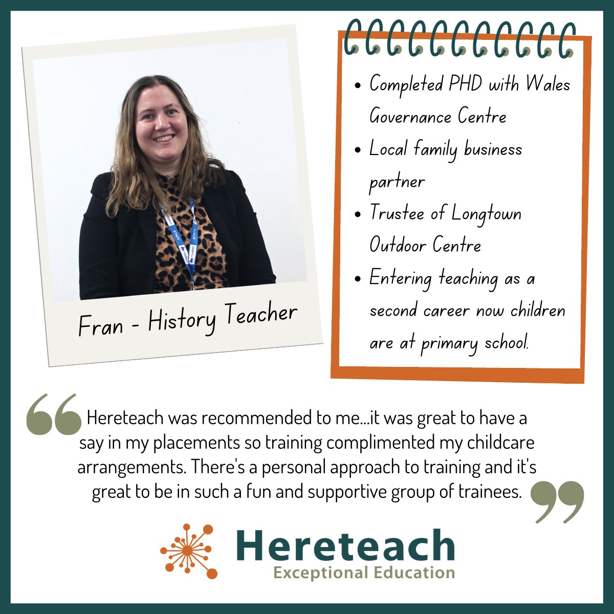 Thinking of a #careerchange? Meet Fran👋 

For more information on Hereteach and to get in touch visit hereford.ac.uk/the-college/he…

#Schoolsdirect #Herefordshire #Traineeteachers #Teaching #Shropshire #Worcestershire #Gloucestershire #teachertraining #inspireyoungminds