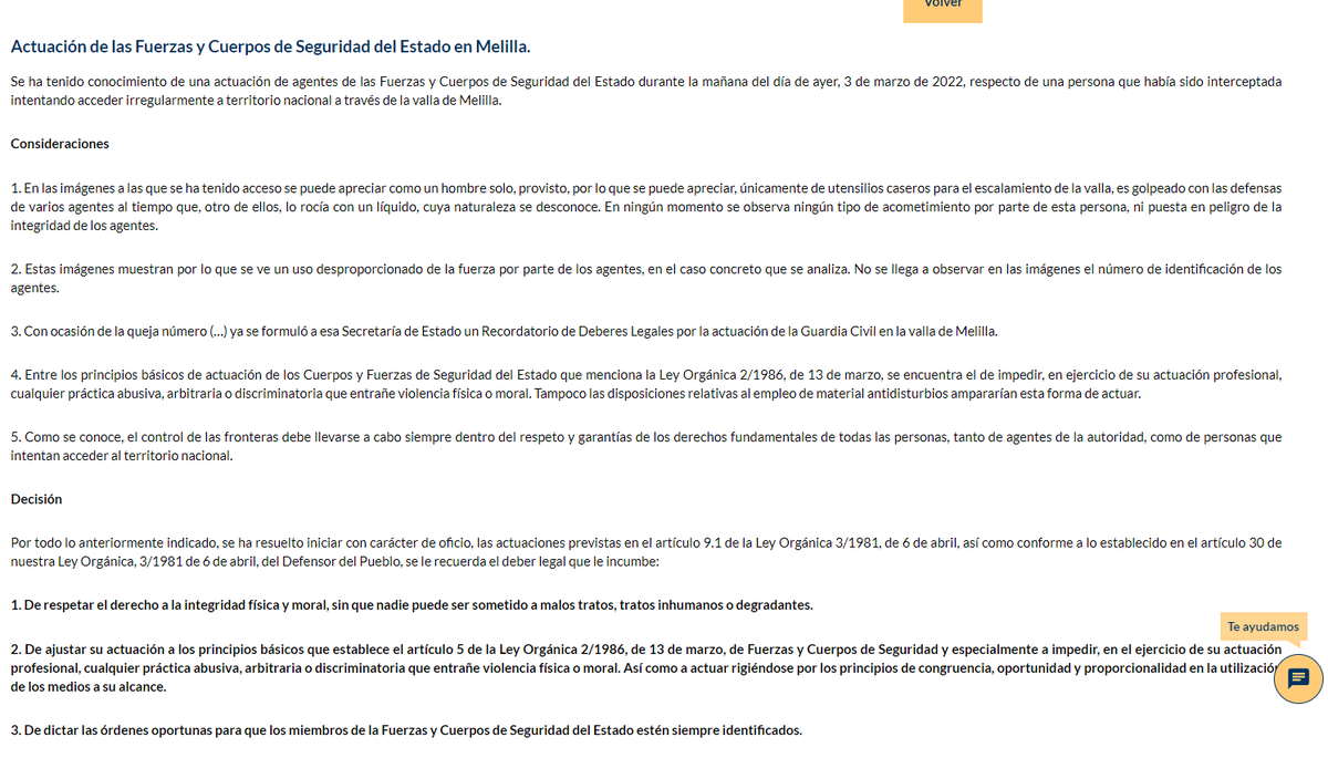<a href="/DefensorPuebloE/">Defensor del Pueblo</a> <a href="/NikoCastellano/">Nicolás Castellano</a> <a href="/14kilometros/">Javier Baeza</a> <a href="/RSAcogida/">Red Solidaria de Acogida</a> <a href="/migrantes_sj/">SJM España</a> @MeM_org <a href="/javierbauluz/">Javier Bauluz</a> <a href="/AsambleaMigraTF/">Asamblea de Apoyo a Migrantes de Tenerife</a> <a href="/DodouGeum/">Geum Dodou</a> <a href="/CoordiBarrios/">COORDINADORA de BARRIOS</a> <a href="/r_interlavapies/">La Red Interlavapiés</a> Aunque el Sr. Ministro de <a href="/interiorgob/">Ministerio del Interior</a> persiste en el mantra de que los agentes  siempre actúan dentro de la ley, parece que el <a href="/DefensorPuebloE/">Defensor del Pueblo</a> no está de acuerdo, ya que le dedica varios recordatorios de deberes legales:  algunos tan básicos como que NO se debe maltratar.