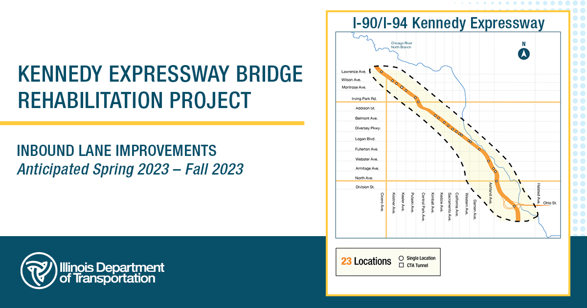 IDOT_Illinois's tweet photo. In one week, a major project is coming to the Kennedy Expressway. The three-year, $150 million rehabilitation will:

▪️ Provide long-term cost savings
▪️ Improve safety
▪️ Enhance aesthetics

During construction, consider using alternate transportation like @cta or @Metra. https://t.co/tWelfaKsdc