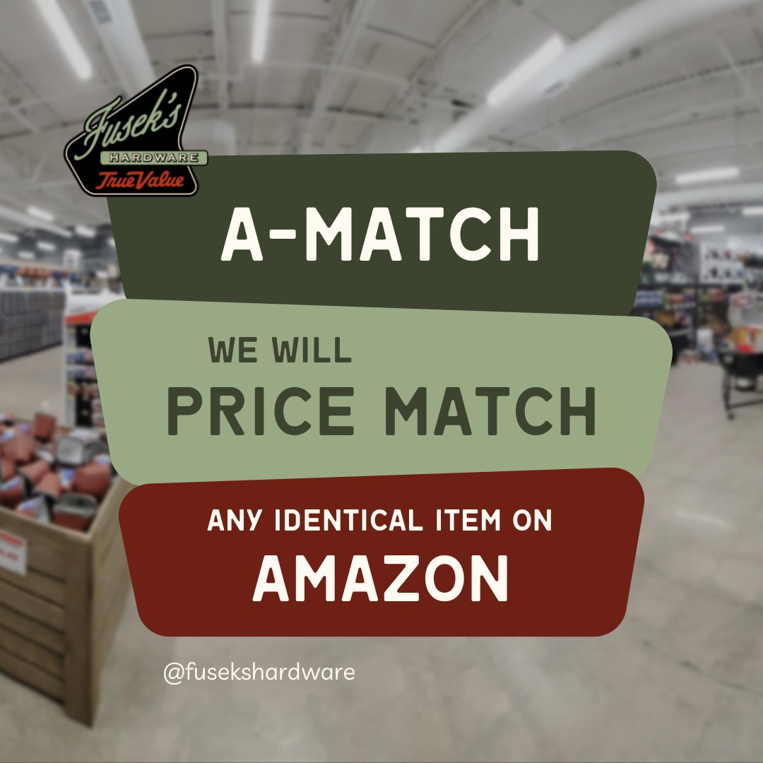 fusekshardware's tweet photo. Need another reason to shop at your local hardware store? Introducing A-MATCH! Fusek's True Value offers price matching on any identical item on Amazon. 🤩

#FindItAtFuseks 🛠️

#indianapolis #shoplocal #indysmallbusinessowner #bestcustomerservice #pricematching https://t.co/0fG3vYCdZP