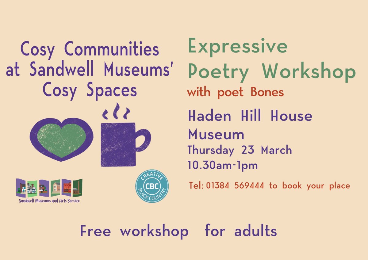 SandwellMuseums's tweet photo. 🖊Join the poet Bones in an uplifting and empowering poetry workshop at Haden Hill House Museum on Thu 23 Mar 10.30am-1pm
This FREE workshop for adults (and over 14's) is part of @CreativeBCuk #CosyCommunities and our #CosySpaces
To book please tel: 01384 569444 https://t.co/ju5euWfIvf