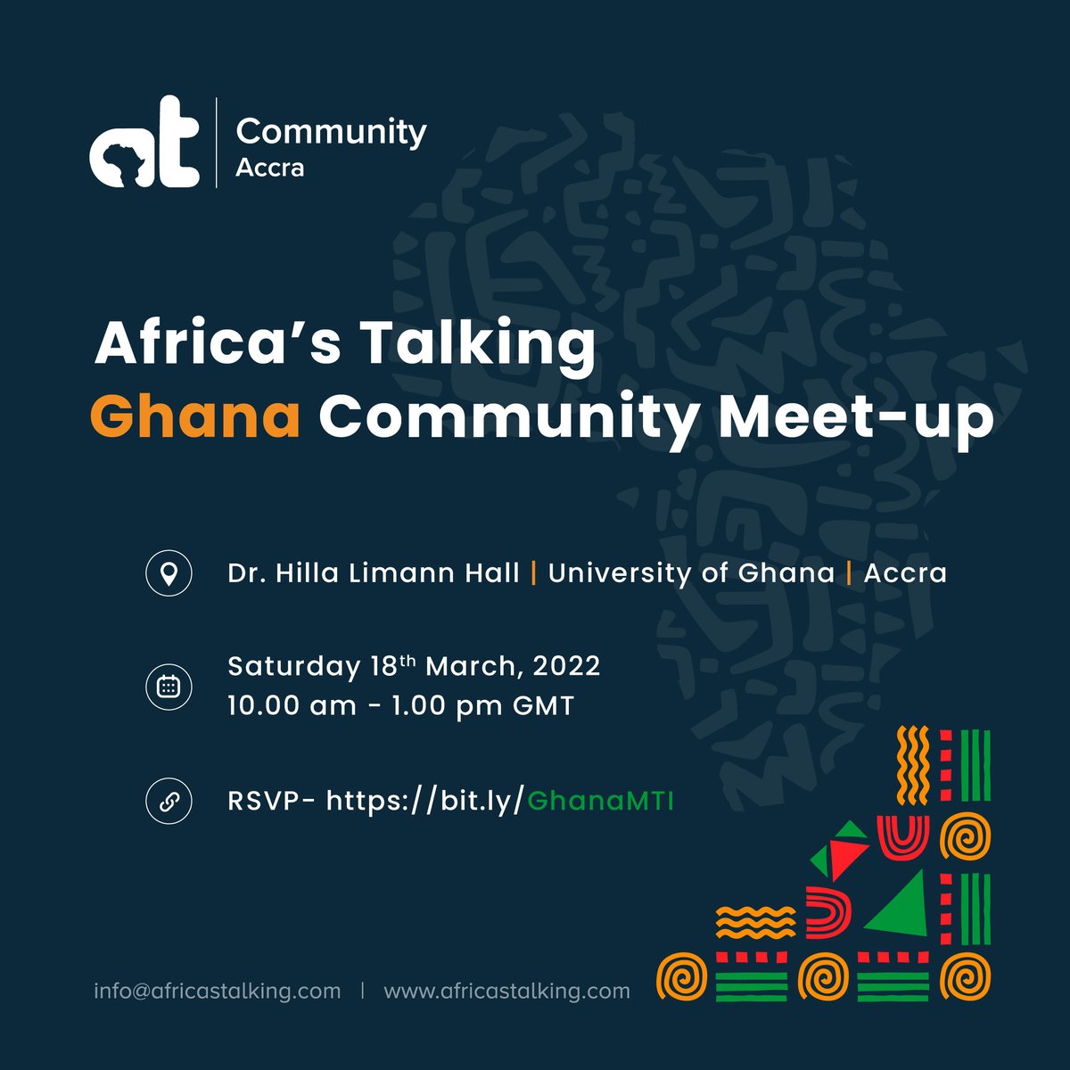 Africastalking's tweet photo. This weekend, we're excited to host our first #ATMeetup in Ghana at @UnivofGh 😃 🇬🇭 We'd love to meet you all, so RSVP here - https://t.co/ZyGsHN2d2O! Come #BuildWithAT! #WeLoveNerds https://t.co/43dQiNAvWv