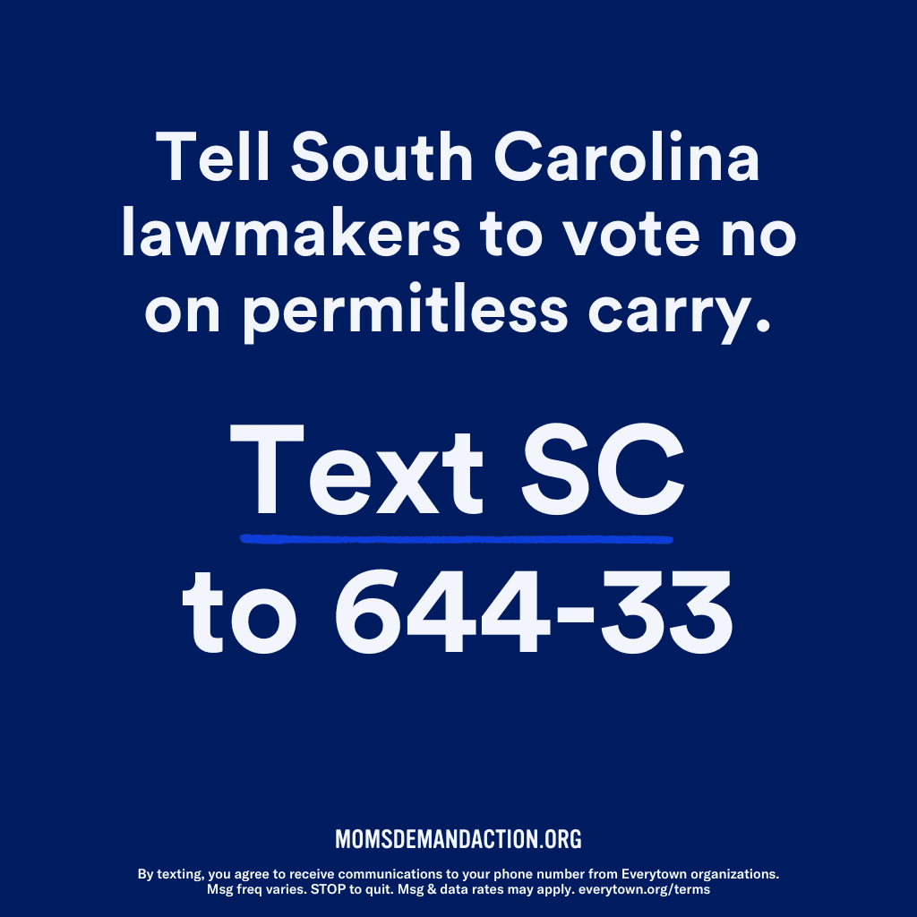 apricotsteph's tweet photo. Have you called your SC Senator to oppose Permitless Carry H. 3494? They are pushing a bill that would allow carrying handguns in public with NO permit, NO training &amp; NO background check! And would lower age from 21 to 18! Text SC to 64433 to call your Senator! #SCPol @MomsDemand https://t.co/MDnpWQtdl7