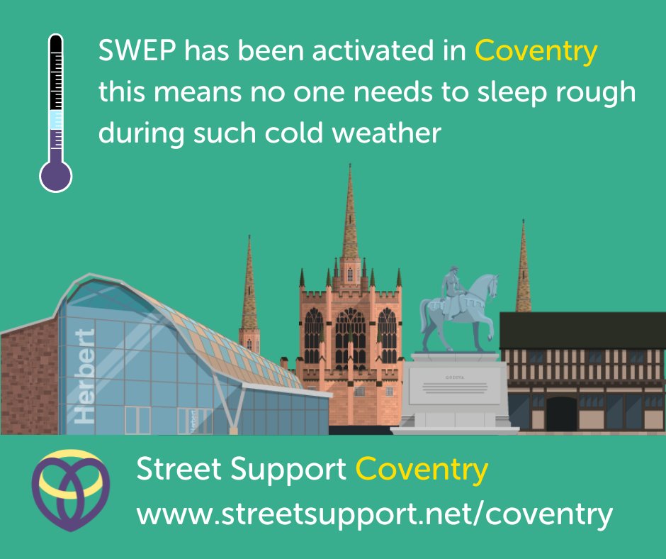 🌡️ #SWEP has been triggered in #coventry until Wednesday at present. Find out what provision is in place here streetsupport.net/coventry/sever… 📱 Worried about someone sleeping rough? Contact the local rough sleeper team via @Tell_StreetLink app