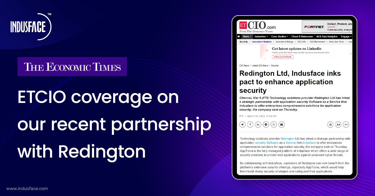 Indusface's tweet photo. 👉 @ET_CIO  covers our recent partnership with @Redington_ltd, and we are delighted to partner with them 🤝

#itpartner #technologypartner #technologyindustry #apiapplications #securityprovider #webapplications #cybersecurity #appsec #technologyprovider  #apptrana #indusface https://t.co/fJ6QSYthTL