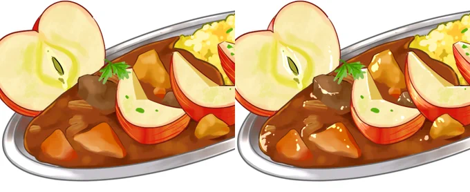 完全に自分の持論に過ぎないのですが、食べ物の絵はハイライトを強く入れると、7割り増しくらい美味しそうに見えます。だいたいハイライトでごまかせます。←ハイライト無し ハイライト有→ 