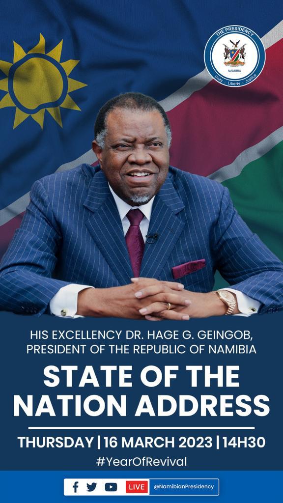 Media Advisory: State of the Nation Address '23 

The official hashtag is #NamSONA2023 to tweet. 

cc: 
@TheBriefLive, @TBRonNOVA1035, @FutureMedia_Nam, @namibiansun, @NBCDigitalNews, @NewEraNewspaper,@theconfidente, @EagleFMNam, @whkobserver,@BizExpressNA.