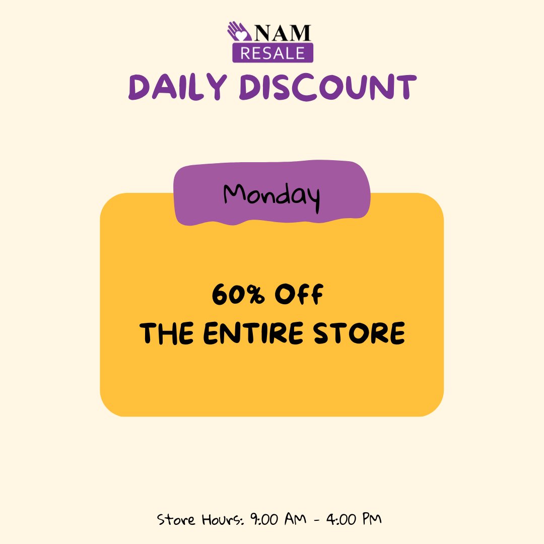 It's not a manic Monday when you can get 60% off the entire NAM Resale store! Stop in before 4:00pm to take advantage.

#resale #namresale #namhelps #discount #neighborshelpingneighbors