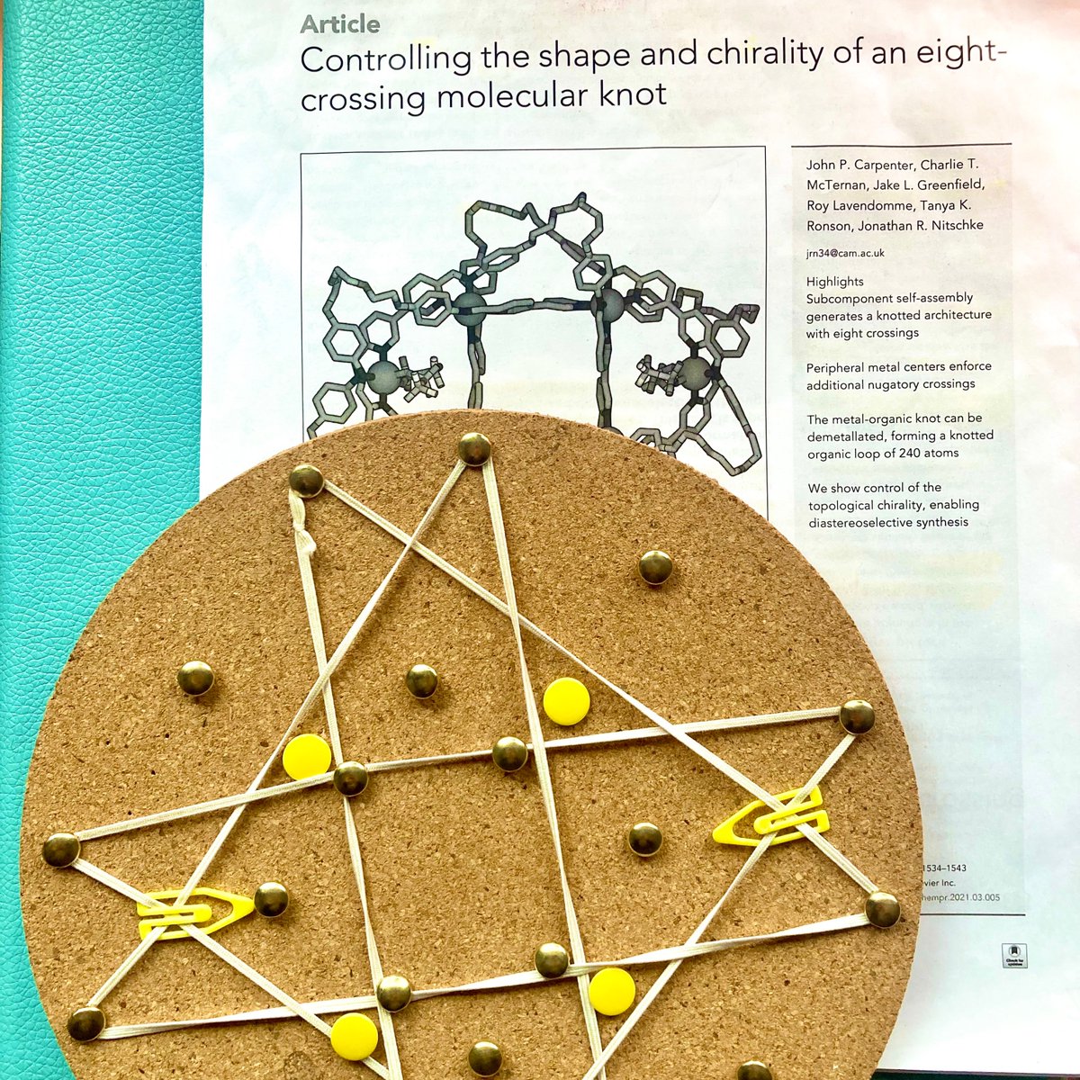 My very handmade model that shows how Reidemeister moves can change the symmetry of a supramolecular knot without changing its composition and also earned me a round of applause in the middle of my presentation: