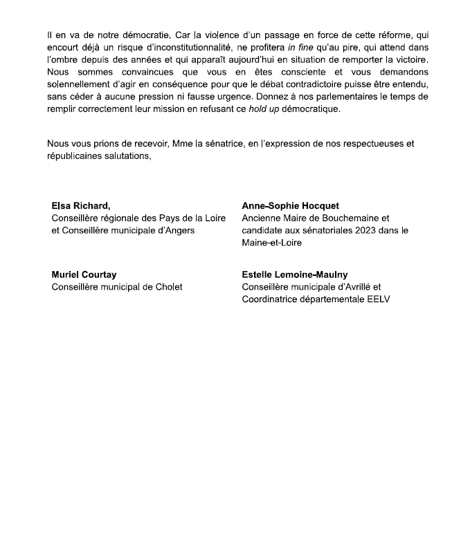 eelv49's tweet photo. Mme @CDeroche_Senat, vous avez ce mandat de ne tolérer aucune des injustices sexistes qui se nichent, nombreuses, dans ce projet de loi, et aucune des régressions sociales et démocratiques promises par ce texte ou induites par son passage en force ⤵️ https://t.co/8cwl7IgOhf