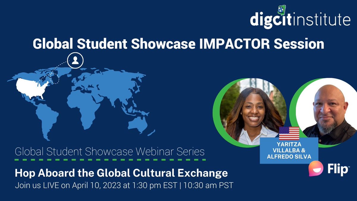 April kicks off @digcitinstitute #GlobalStudentShowcase 🎉

I am honored to share the @MicrosoftFlip Global Cultural Exchange alongside Global Impactor @2teach4justice and his Superstar students 🌎

🔔Apr. 10th |1:30 pm ET /10:30 AM PT 

🔗 bit.ly/GlobalStudentS… 

#DigCitImpact