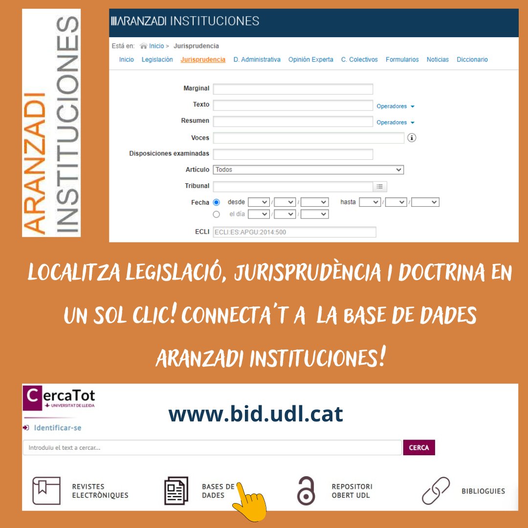bibliotequesudl's tweet photo. Saps que #AranzadiInstituciones és la #basededades 🧑‍💻 on pots localitzar legislació, jurisprudència i doctrina?
Hi pots accedir des de l'apartat «Bases de dades» del web de les @bibliotequesudl:
🔗https://t.co/Y42iTIoNg7
@FDET_UdL https://t.co/keFBG1xbNp