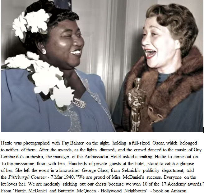 Hattie McDaniel with Fay Bainter at the 1940 Oscars after winning for Gone With the Wind. at the Cocoanut Grove.  Hattie went home to a big party, set up by family. #oldmoviestars #TCM #oldHollywood #oldmovies #GWTW #GONEWITHTHEWIND #TCMparty #HattieMcDaniel #blackactress