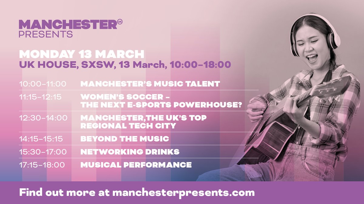 Today’s the day! Hosted by @AndyBurnhamGM, @MayorofGM and @BevCraig, Leader of @ManCityCouncil, Manchester Presents will deliver a full day of high impact networking sessions, interactive workshops and an impressive line-up of emerging artists and high-profile guests. #mcrSXSW