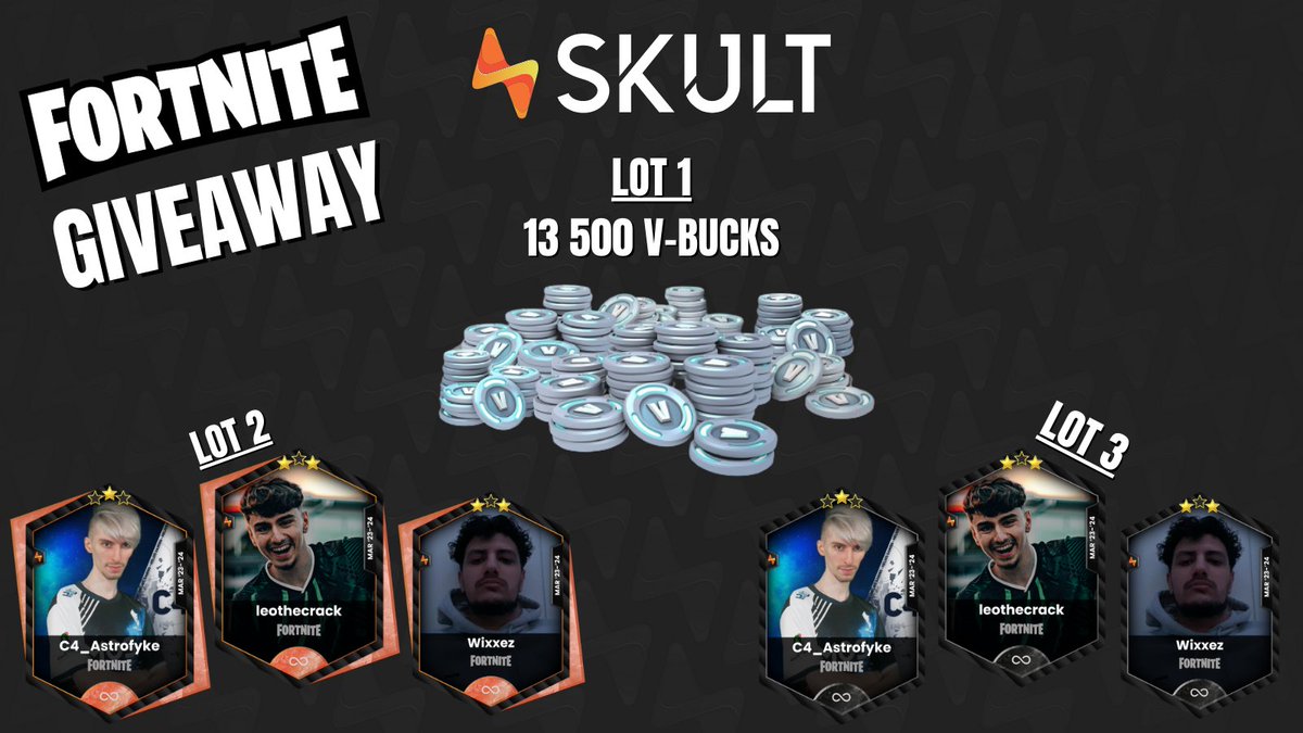 SKULT_gg's tweet photo. Pour fêter cette semaine spéciale et l'arrivée de @leothecrack_ @wixxez et @C4Astrofyke🔥

On vous offre 3 LOTS en GIVEAWAY🎁:
1⃣ 13500 V-BUCKS
2⃣ Cartes Bronze x3
3⃣ Cartes Black x3

Pour participer : RT+ FOLLOW @SKULT_gg + Tag un ami + être inscrit sur SKULT

T.A.S le 20/03/23 https://t.co/luYDWVgeRz