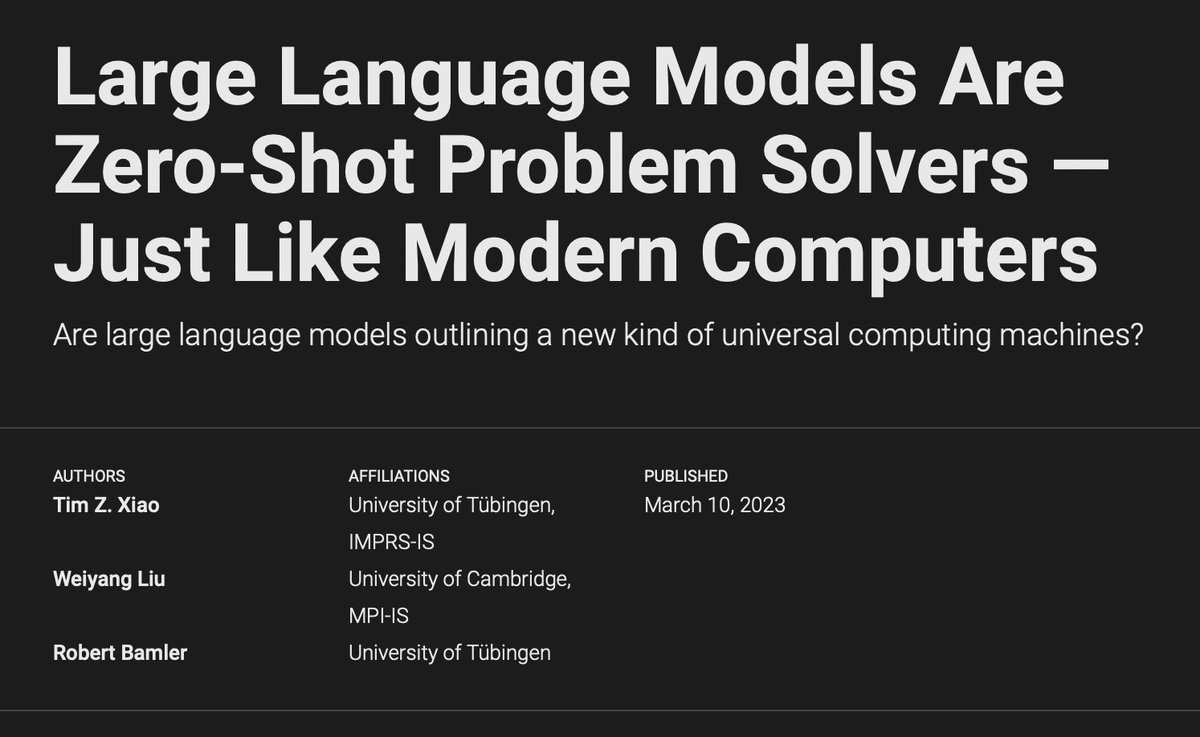 Tim Xiao (@timzxiao) on Twitter photo How do LLMs connect to modern computers in zero-shot problem solving abilities and histories?
Our latest blog post provides a fresh perspective on understanding LLMs and the prompting paradigm. Check it out!
timx.me/blog/2023/comp…
<a href="/Besteuler/">Weiyang Liu</a> <a href="/robamler/">Robert Bamler</a> #ChatGPT How do LLMs connect to modern computers in zero-shot problem solving abilities and histories?
Our latest blog post provides a fresh perspective on understanding LLMs and the prompting paradigm. Check it out!
timx.me/blog/2023/comp…
<a href="/Besteuler/">Weiyang Liu</a> <a href="/robamler/">Robert Bamler</a> #ChatGPT
