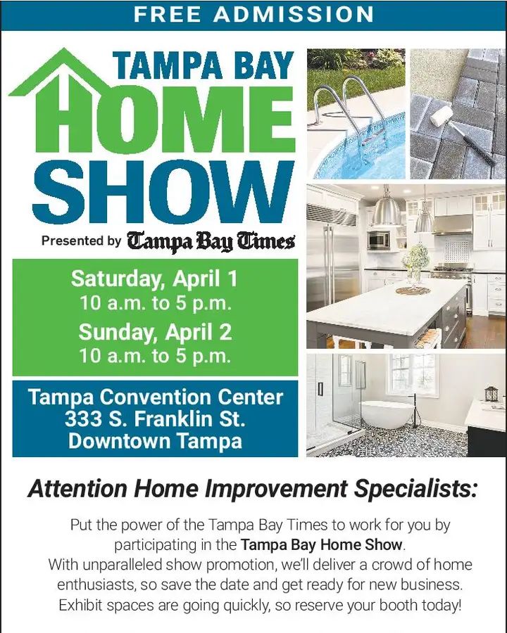 Joining Our Traffic Team Radio Network: It’s the Tampa Bay Home Show at the Tampa Convention Center. Make plans to attend the Tampa Bay Home Show April 1 & 2 Meet Tampa Bay’s Home Improvement Experts newest design ideas hottest trends FREE ADMISSION at tampabayhomeshows.com