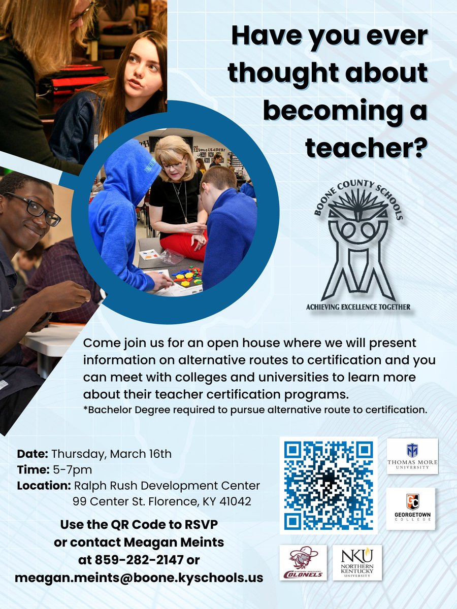 There is still time to sign up for those interested in Alternative Routes to Teacher Certification presentation/open house this Thursday!  Presentation will begin at 5pm followed by an open house where you can meet with local colleges/universities to discuss your specific path.
