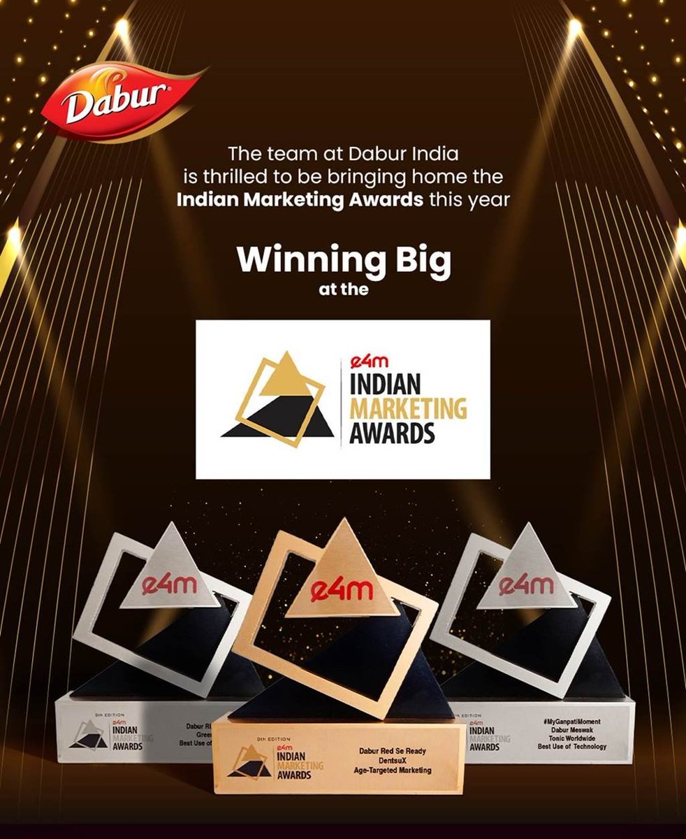 imohitburman's tweet image. Delighted to share that “Dabur Red Toothpaste” won Gold &amp;amp; Silver in two different categories and “Dabur Meswak” won silver at e4m India Marketing Awards 2023.
Congratulations to the winning teams at #Dabur.
#DaburRedToothpaste #DaburMeswak @e4mtweets #e4mIndiaMarketingAwards