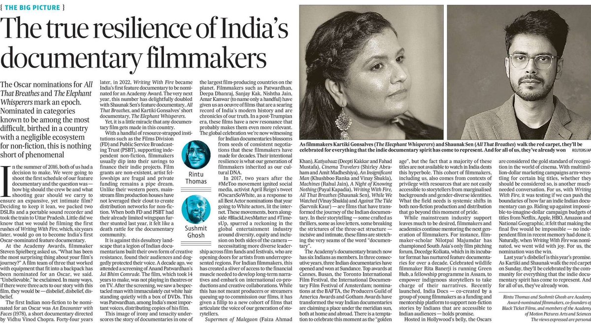 Rintu Thomas (@rintuthomas11) on Twitter photo This Oscars, both Kartiki and Shaunak are winners, their independent work marking an epoch for Indian documentary filmmaking. With <a href="/SushmitGhosh/">Sushmit Ghosh</a> wrote a op-ed reflection about this time, those before and after all of us.
#AllThatBreathes #TheElephantsWhisperers This Oscars, both Kartiki and Shaunak are winners, their independent work marking an epoch for Indian documentary filmmaking. With <a href="/SushmitGhosh/">Sushmit Ghosh</a> wrote a op-ed reflection about this time, those before and after all of us.
#AllThatBreathes #TheElephantsWhisperers