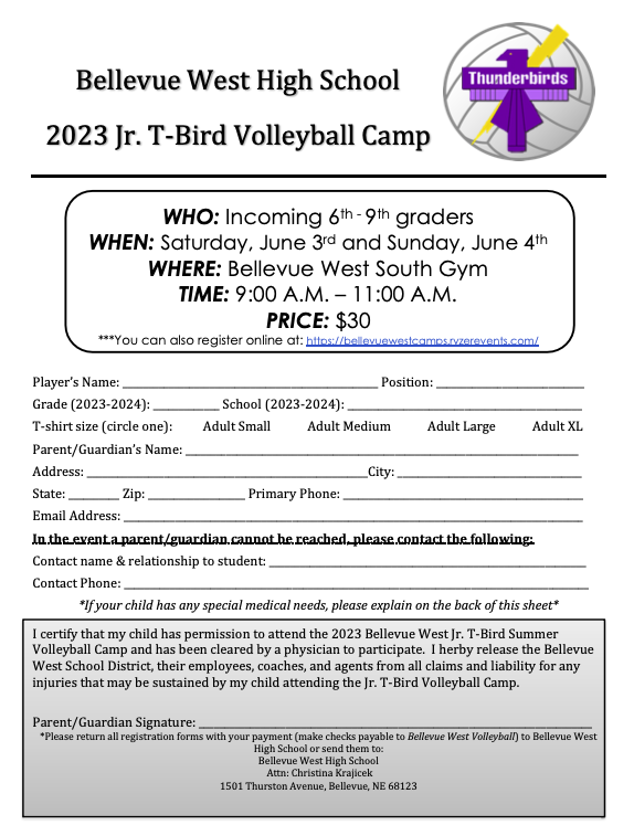 Join us for our Jr. T-bird Camps this summer 💜💛 