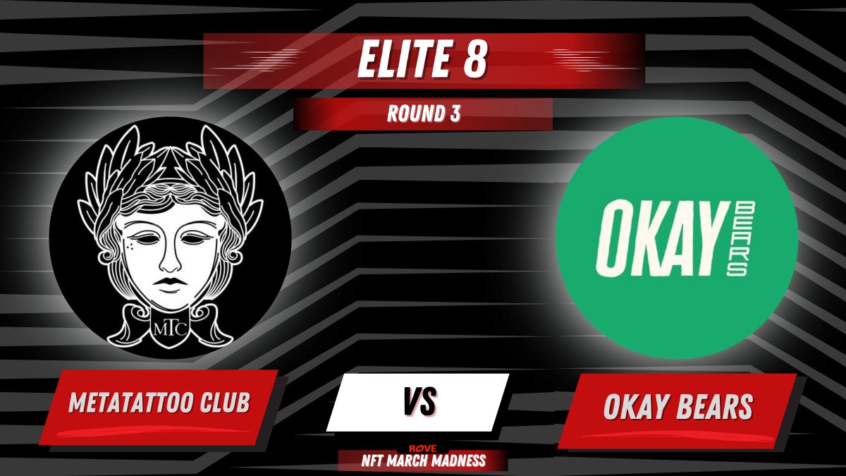 Round 3: <a href="/MetaTattooClub/">MTC | #LGFI 🏛</a> vs <a href="/okaybears/">Okay Bears</a> 
 
The community with the most comments clearly casting a vote below this tweet by Tuesday, March 14th 10am EST moves to the next Round on Wednesday.

Scoring:
Comment = 1
Comment w/ community NFT = 2
Comment w/ meme = 3