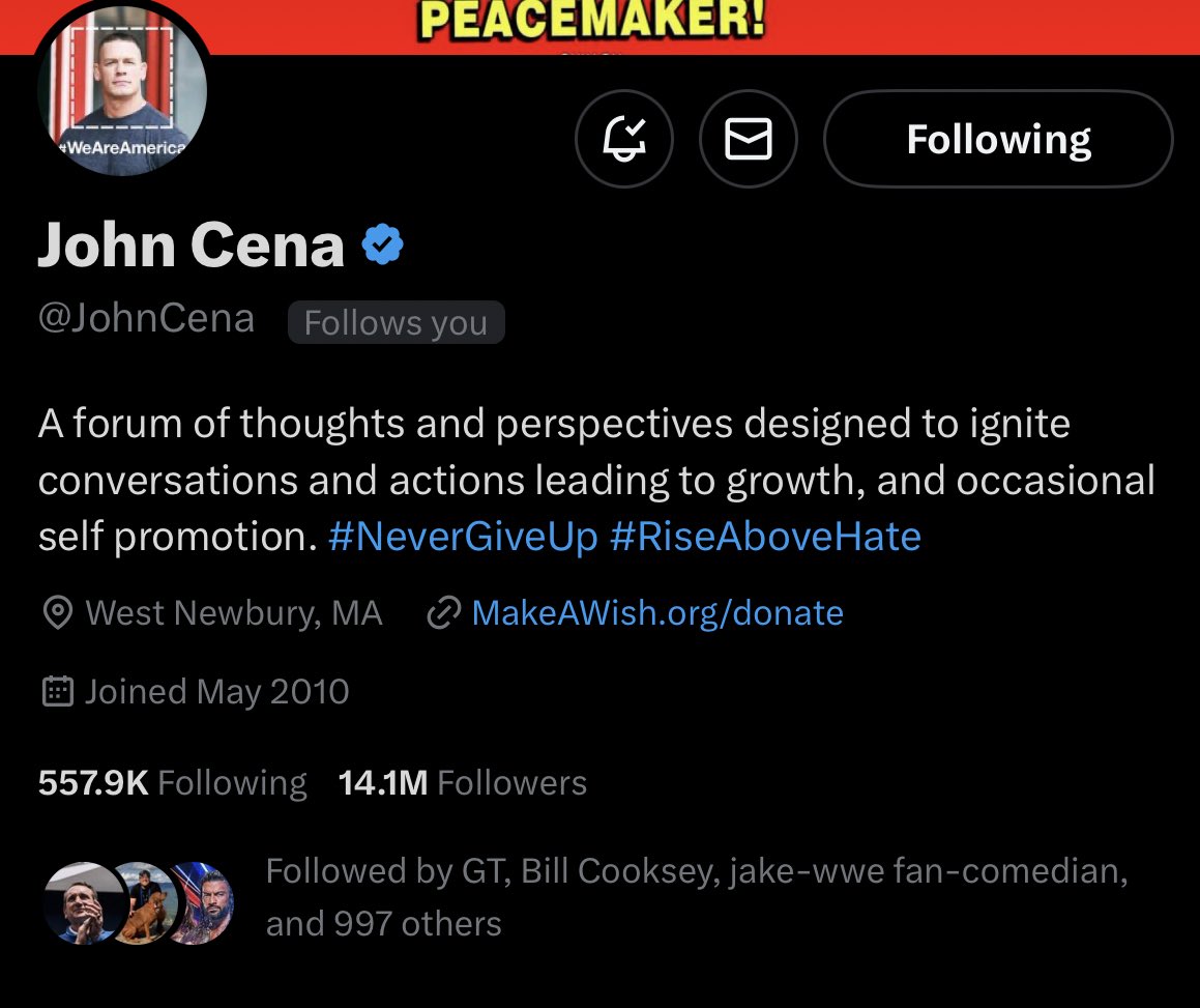 SpoonOfZeke's tweet photo. Wow 🤩 got the mythical follow by @JohnCena! Honestly thought he couldn’t see me 😉

Huge fan of your Make-A-Wish work! 🫡 https://t.co/EPfdBxd7KL