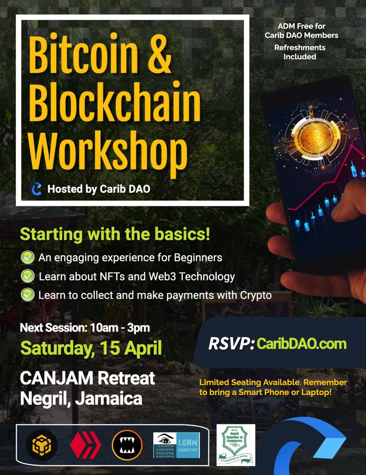 CaribDAO's tweet image. Registration is now open for our next #Bitcoin &amp;amp; #Blockchain Workshop on April 15th in Negril, Jamaica 🇯🇲

*Hosted by @DP_Carib, @CarlsdaleG, and @Lorae_Kn 

🎗️RSVP now at CaribDAO.com 

#FinanceTwitterJA #Budget2023