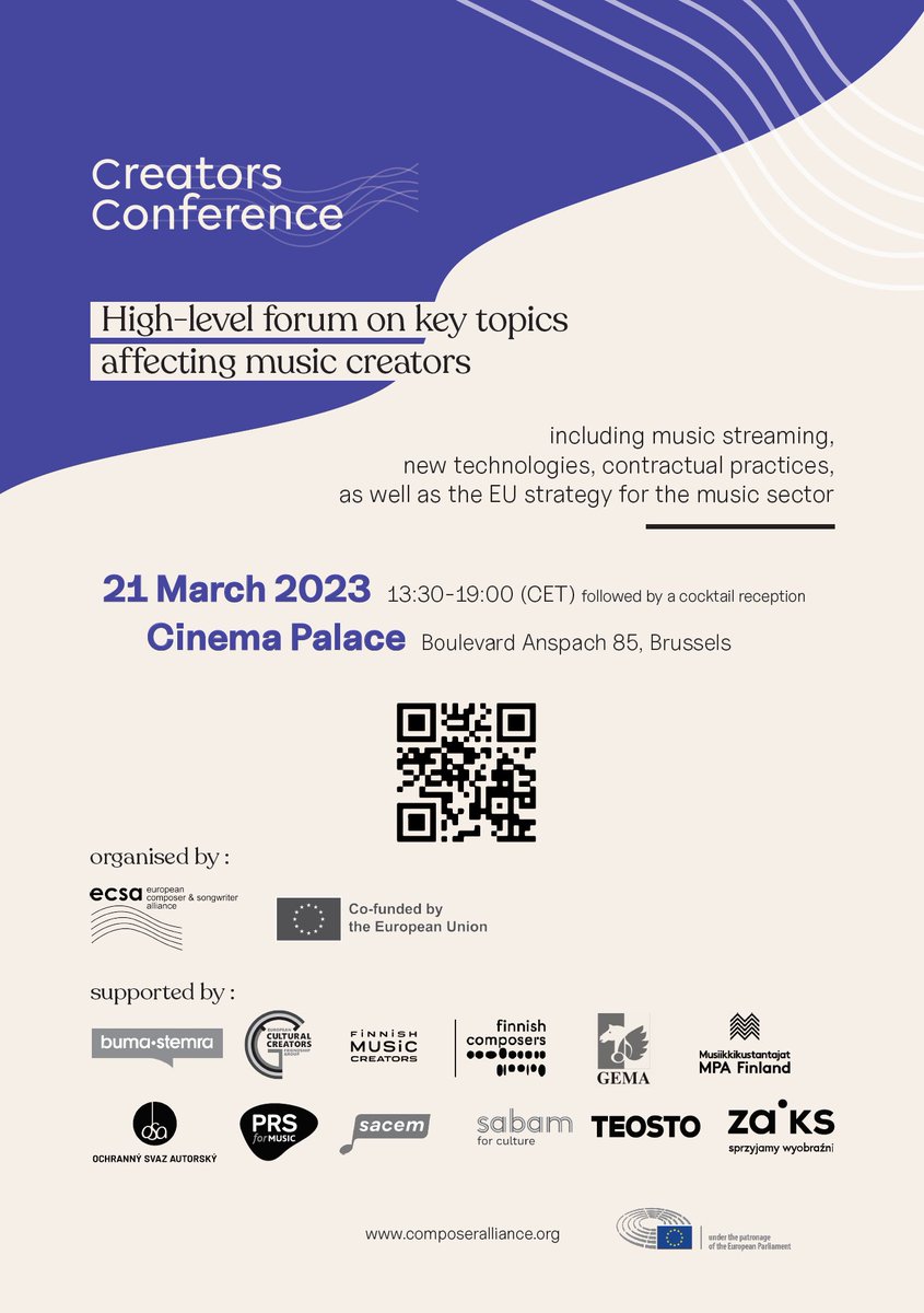 We are happy to officially support <a href="/Creators_ECSA/">ECSA</a>'s Creators Conference on 21 March.

Our #CCFG members @Ibangarciadb and <a href="/AlexisMep/">GeorgoulisAlexisMEP</a> will be keynote speakers.

Programme 👉 composeralliance.org/events/creator…

Registration 👉 eventbrite.com/e/the-creators…

#CulturalCreators #Music #Streaming #AI
