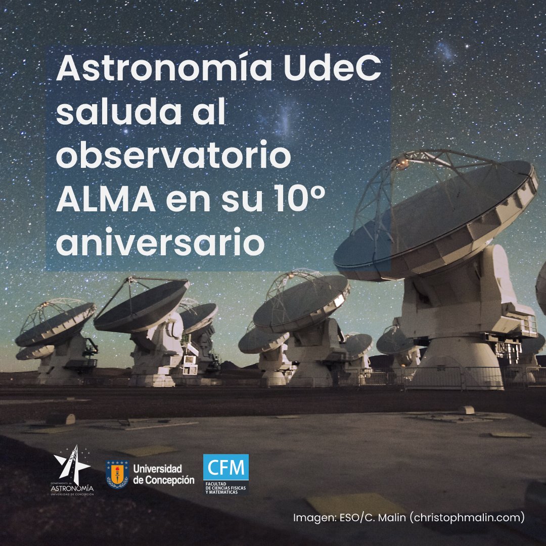 astroudec's tweet photo. 🎂 El Atacama Large Millimeter/submillimeter Array Desde Astronomía UdeC saludamos al enorme equipo detrás del Atacama Large Millimeter/submillimeter Array.
¡Felices 10 años y que sean muchos más! 📡
#AstroUdeC #ALMA10 #Eso https://t.co/qq5yj22ypG