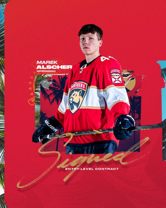 Red graphic with a photo of Florida Panthers prospect Marek Alscher. Text reads "Signed" with "entry-level contract" underneath.