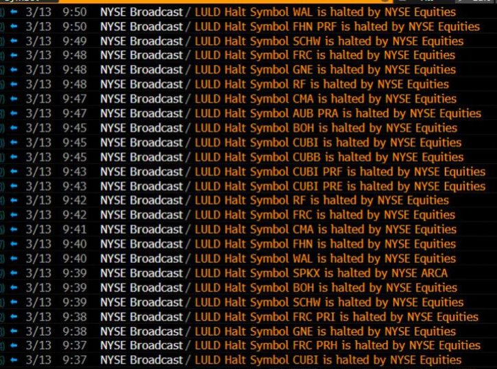 Holy shit almost every single banking stock is getting halted.

Steady lads.