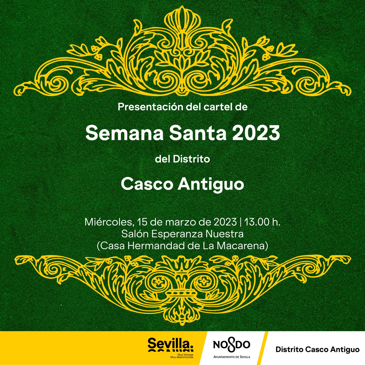 🟣 Un año más, #TuDistrito Casco Antiguo editará un cartel con motivo de la #SemanaSanta.

⏩ La presentación tendrá lugar en la Casa Hermandad de @Hdad_Macarena 

     📆 Miércoles, 15 de marzo.
     ⏰ 13 h.

¡Te esperamos!