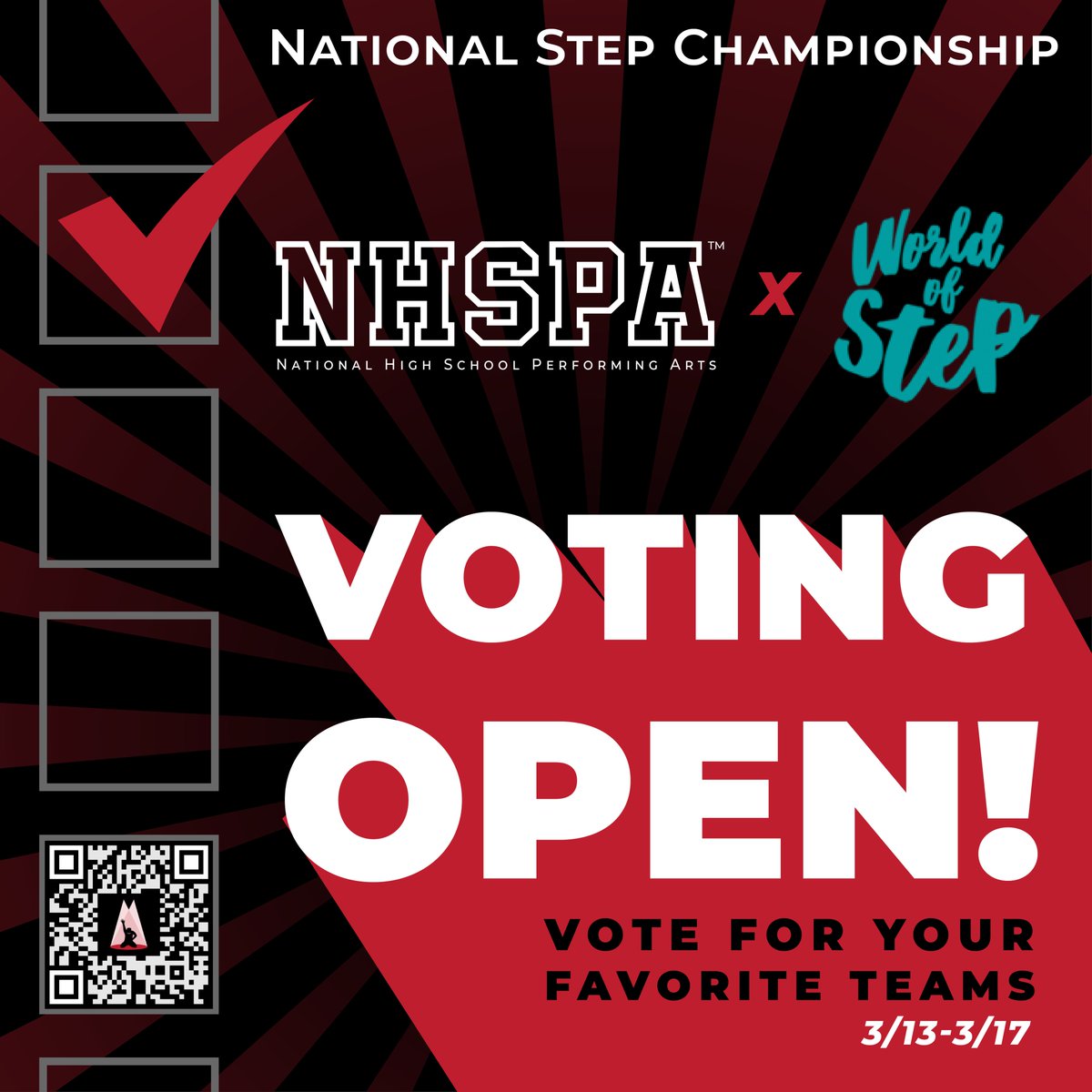 🚨 MON - FRI 3/13-3/17 🚨 Cast YOUR votes on our head-to-head bracket! 👉 VOTE NOW!!!! ow.ly/J8Gp50NgJuH
TOP 8 ✨ Online Voting THIS week!!
TOP 4 ✨ Live Performance Sat 4.22 at Harlem's world-famous Apollo theater!
#NHSPAstep #worldofstep #NHSPAxWOS