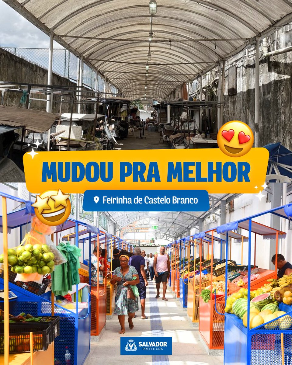 Mudou pra melhor! 🤩 A Feirinha de Castelo Branco ganhou um layout moderno: nova cobertura, portões, iluminação, tomadas e espaço com pias para feirantes e clientes. Não ficou linda? 💙