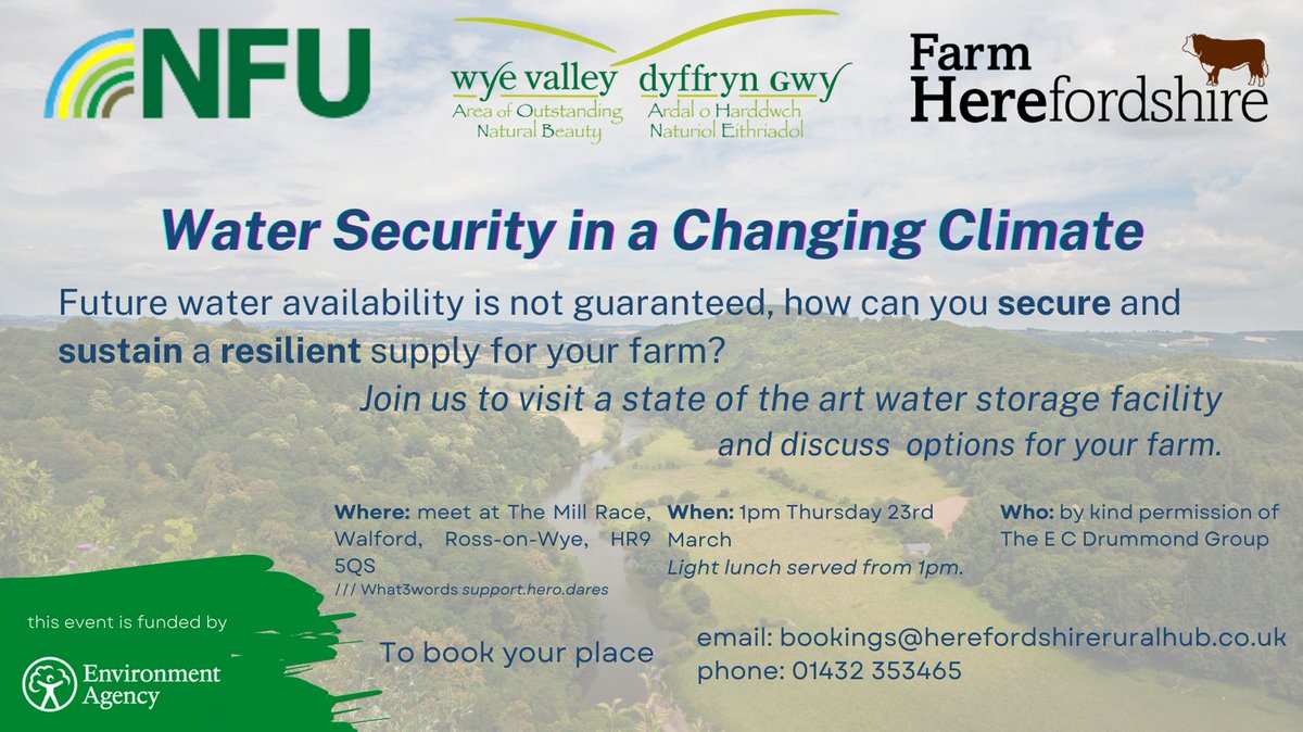 Farming in Herefordshire?
How secure and sustainable is your farms water resource?
Join us to look at one solution and discuss options for a resilient system.
#RiverWye @EnvAgencyMids @wyebeauty @NFUHfds @NFUWestMids
herefordshireruralhub.co.uk/whats-on/water…