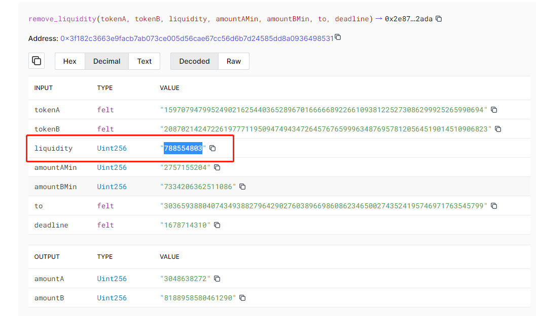 zhubiao2's tweet photo. @StarkDefi @myBraavos @argentHQ I am calling the remove_liquidity method, how can I obtain the liquidity parameter? https://t.co/JGsWl7xiZm