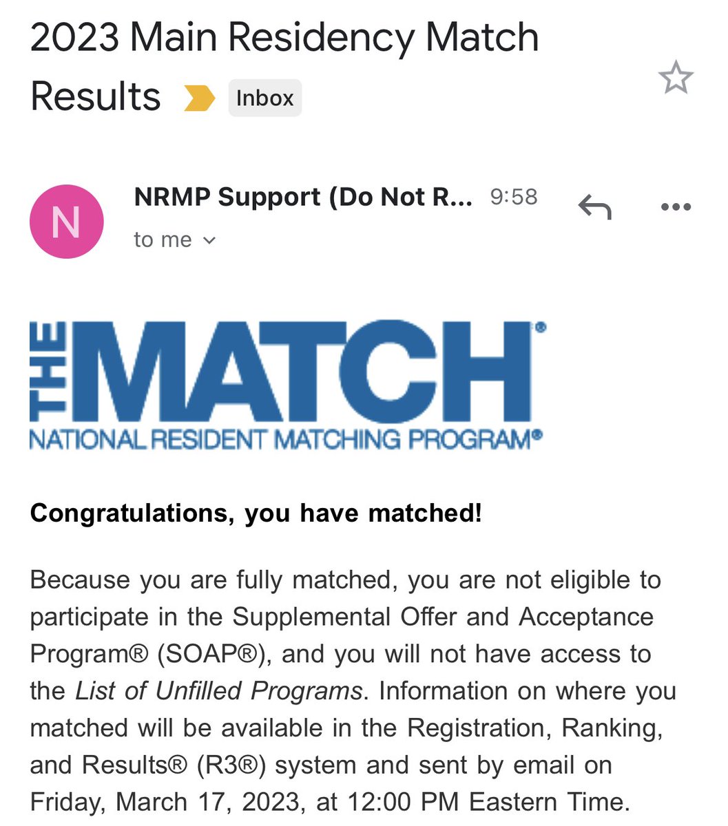 The acclaimed email has arrived!

I will be an Internal Medicine resident in the USA 🇺🇸🥳

Grateful for everyone who has been part of my personal and professional development.

#Match2023 #IMproud #IMG