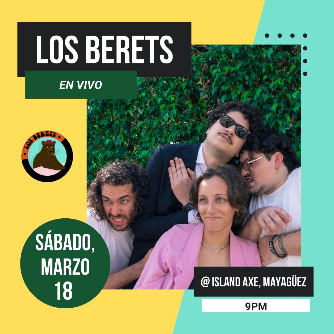 LosBerets's tweet photo. ¡Coriiii! Estamos bien moti pa’ tocar este fin de semana en el Westttt. 

El viernes estaremos en @_q_radio abriendo el 🍀 Lucky Fest 🍀 junto a @loswattz + art expo por @elsenorkraken @maritzarte nico826 
El sábado llégale a @islandaxe para pasarla chévere con nosotrxs 🕺 https://t.co/H4J0rea8hb