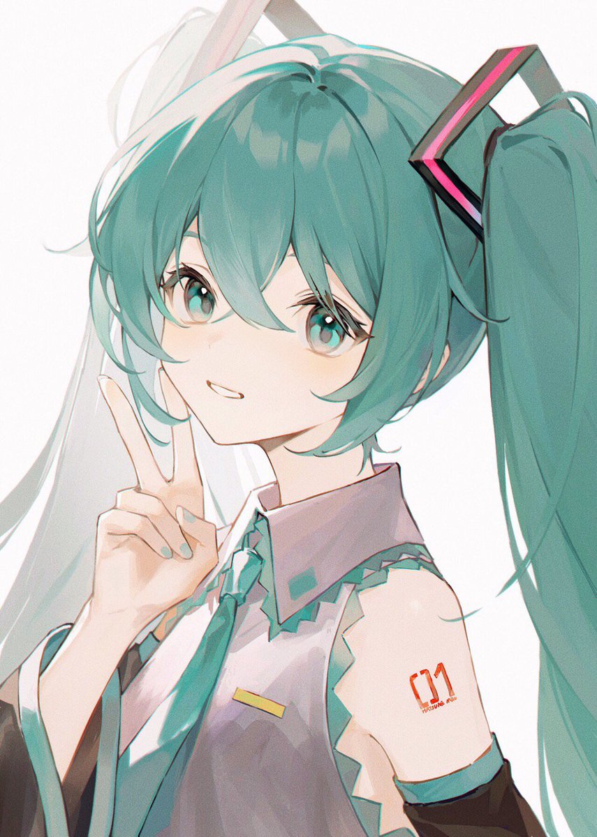 hatsune miku 1girl solo twintails long hair necktie detached sleeves v  illustration images