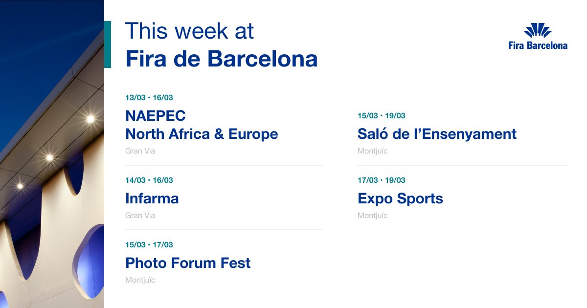 Fira_Barcelona's tweet photo. Important events on education, pharmacy, energy, photography and sport are coming to Fira de Barcelona this week.

➡️ @saloensenyament, @infarma_es, #NAEPEC, @photoforumbcn  #ExpoSports @maratobarcelona. https://t.co/mz0Bdr6M6j