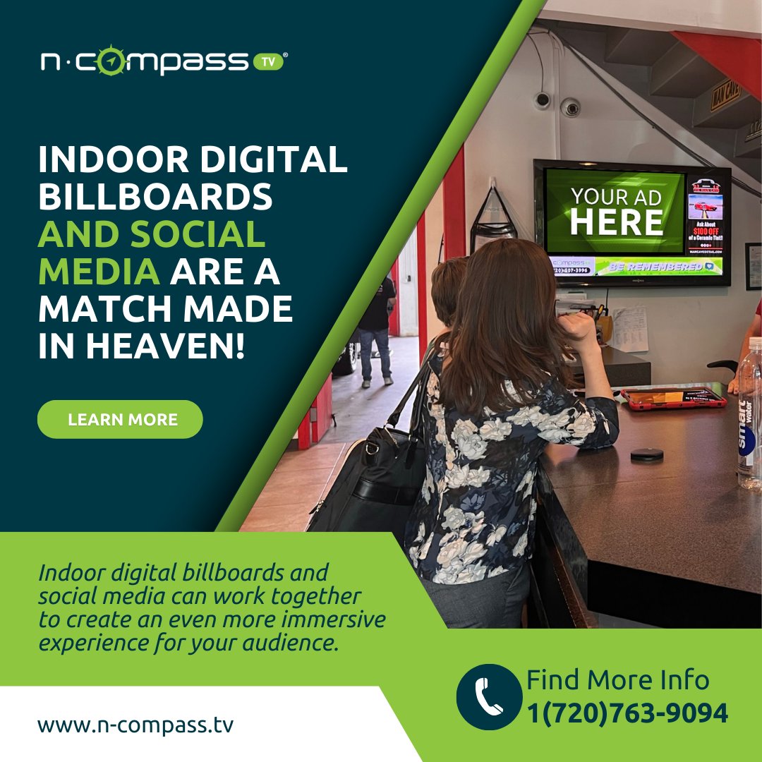 NCompassTV's tweet photo. Indoor digital billboards and social media are a match made in heaven! ☁️

When you combine the interactive nature of social media with the power of indoor digital billboards, you get a whole new level of engagement with your audience. 👫🧑‍🤝‍🧑 https://t.co/na9Pxs1cqK