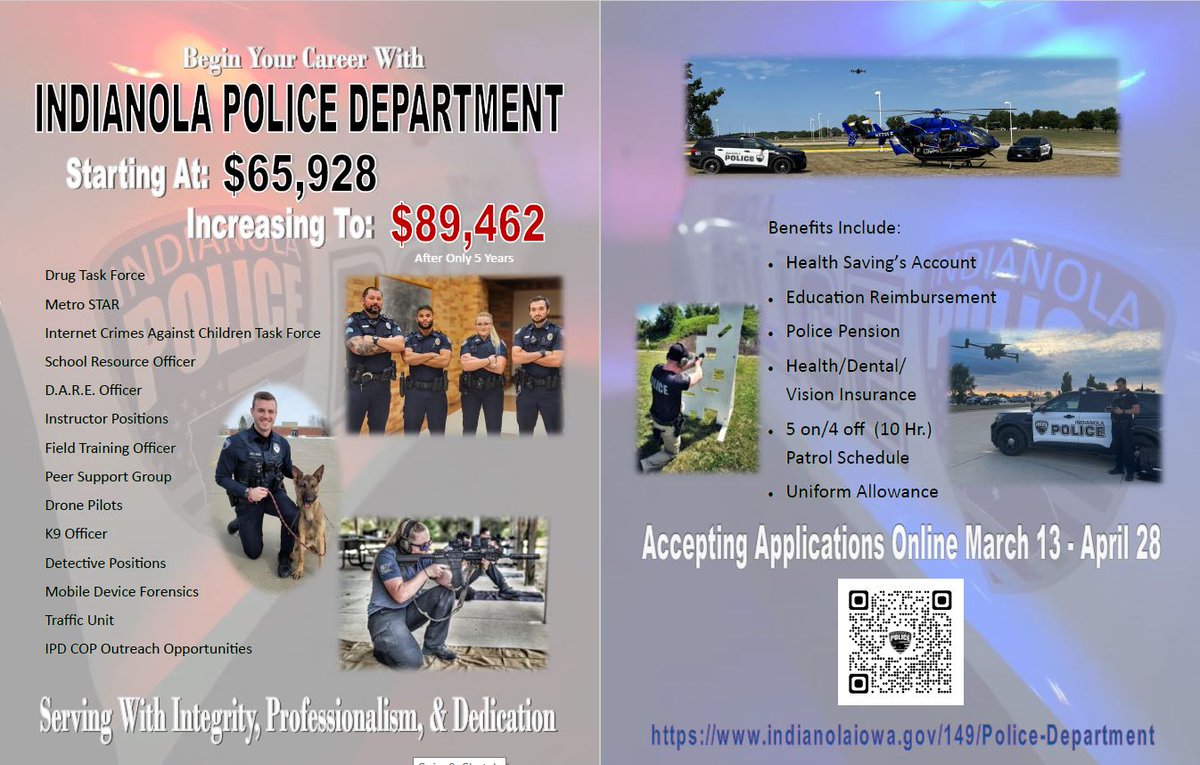 IndianolaPD's tweet photo. The Indianola Police Department is accepting applications for Police Officer.
See application for details and job description.
Application materials may be found online at: https://t.co/z3BgvOqclP
Deadline to Apply: Friday, April 28th, 2023 at 1700hrs *Please Share* https://t.co/6V0IfTcQhQ